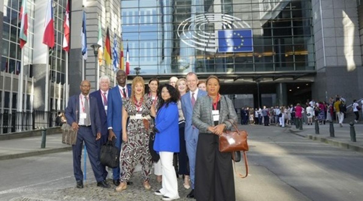 The delegation at the European Parliament, Brussels. L-R (front): Professor Jean Marie Théodat, Denis O’Brien, Don Marshall, Fiona Compton, Uriel Sabajo, Dr Michael Banner, Professor Cynthia Barrow-Giles. (Back) members of the Repair Campaign.
